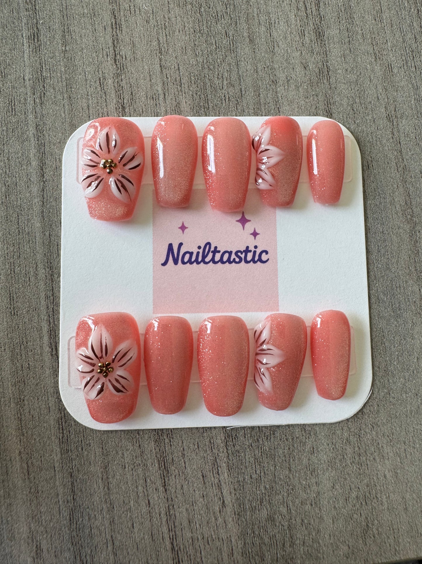 Handmade press on nails with 3D flowers size MEDIUM