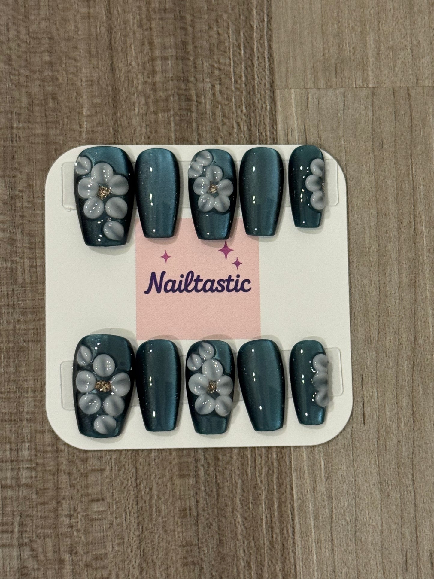Handmade press on nails with3D floral designs- navy blue