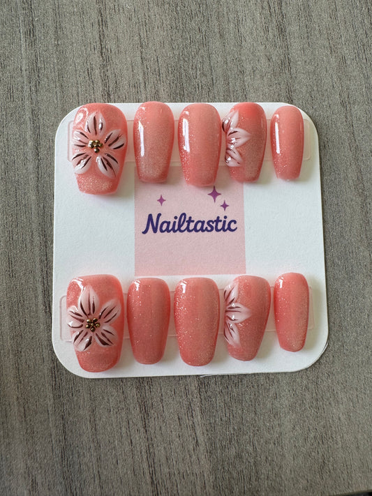 Handmade press on nails with 3D flowers size MEDIUM