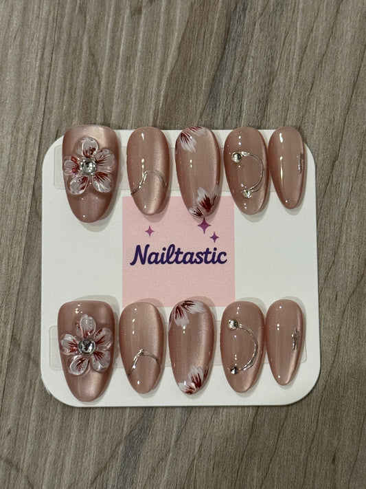 Handmade press on nails with 3D floral design