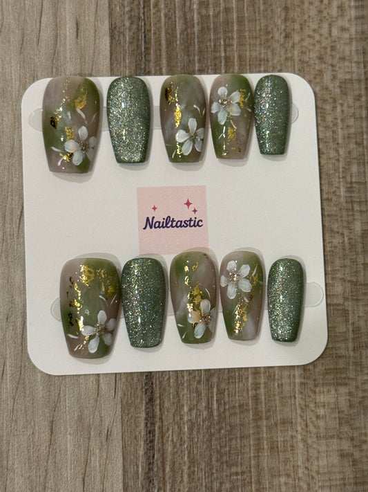 Handmade Press On Nails with Green Glitter and Floral Designs