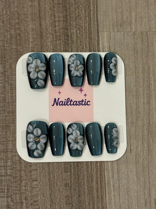 Handmade press on nails with3D floral designs- navy blue