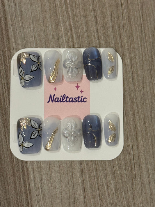 Handmade press on nails light blue and gold with 3D flower
